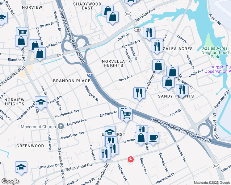 map of restaurants, bars, coffee shops, grocery stores, and more near 3417 Johns Street in Norfolk