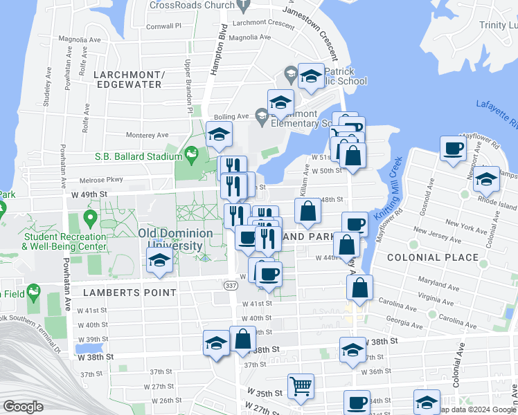 map of restaurants, bars, coffee shops, grocery stores, and more near 1045 West 47th Street in Norfolk