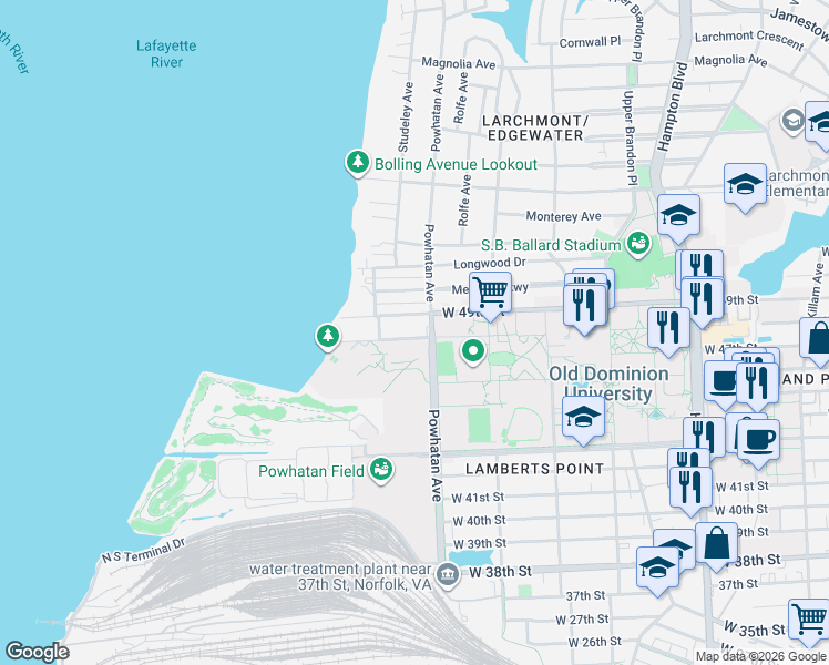 map of restaurants, bars, coffee shops, grocery stores, and more near 1626 West 48th Street in Norfolk