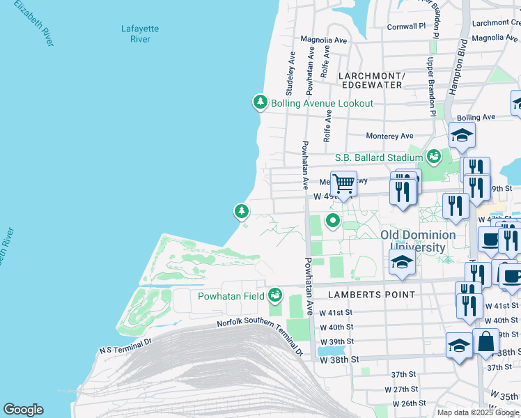 map of restaurants, bars, coffee shops, grocery stores, and more near 1715 West 48th Street in Norfolk