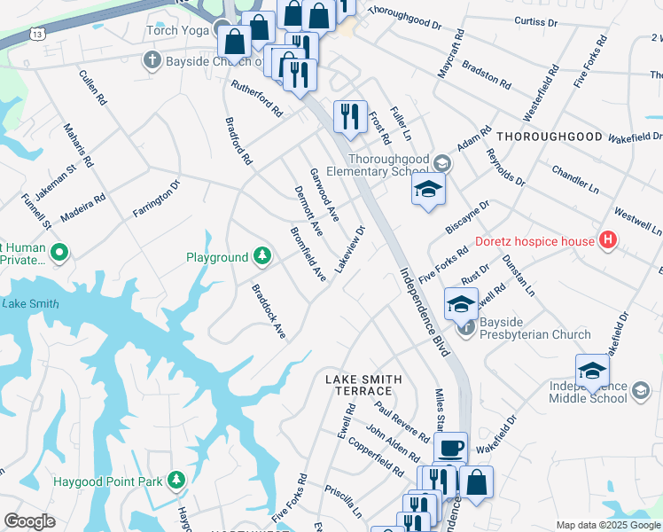 map of restaurants, bars, coffee shops, grocery stores, and more near 1409 Lakeview Drive in Virginia Beach
