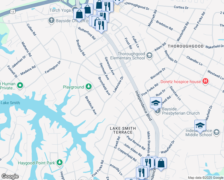 map of restaurants, bars, coffee shops, grocery stores, and more near 1409 Lakeview Drive in Virginia Beach