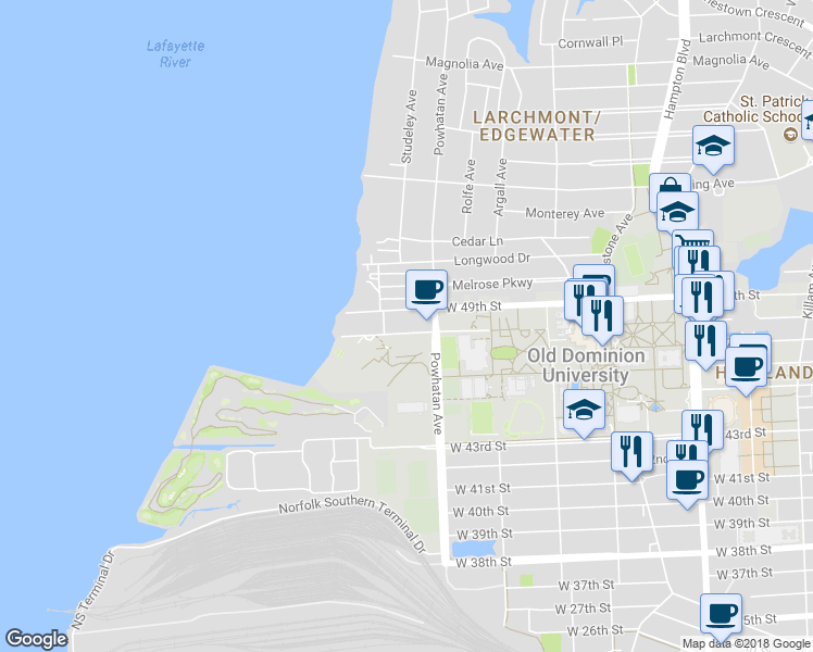 map of restaurants, bars, coffee shops, grocery stores, and more near 1624 West 48th Street in Norfolk