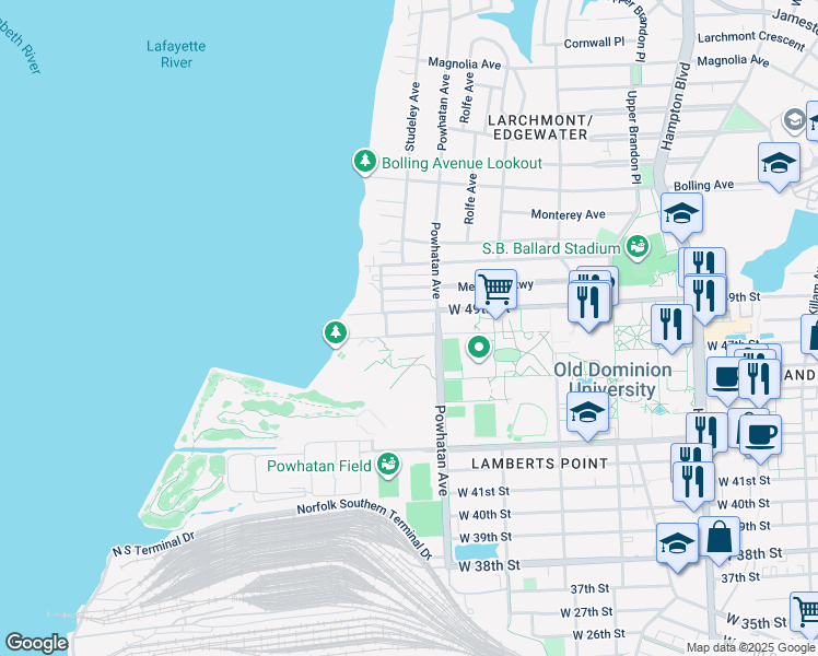map of restaurants, bars, coffee shops, grocery stores, and more near 1624 West 48th Street in Norfolk