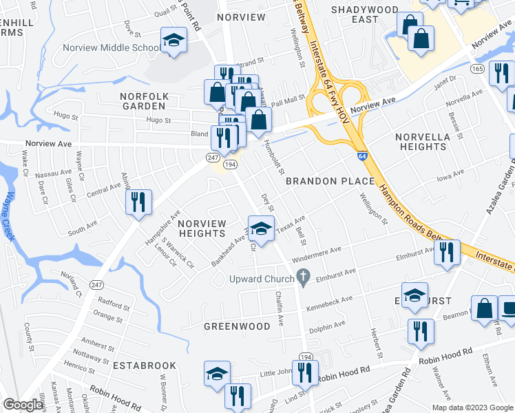 map of restaurants, bars, coffee shops, grocery stores, and more near 4802 Norvella Avenue in Norfolk