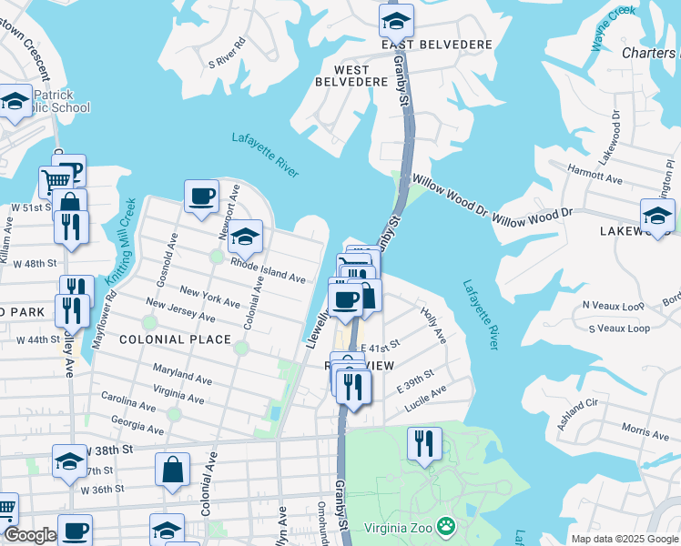 map of restaurants, bars, coffee shops, grocery stores, and more near 4253 Llewellyn Avenue in Norfolk