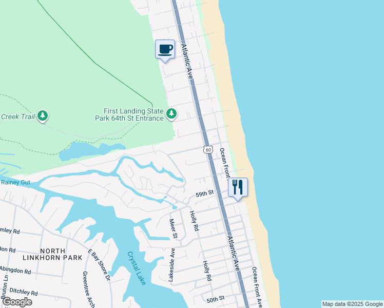 map of restaurants, bars, coffee shops, grocery stores, and more near 210 62nd Street in Virginia Beach
