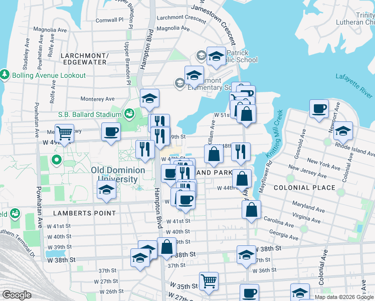map of restaurants, bars, coffee shops, grocery stores, and more near 1045 West 47th Street in Norfolk