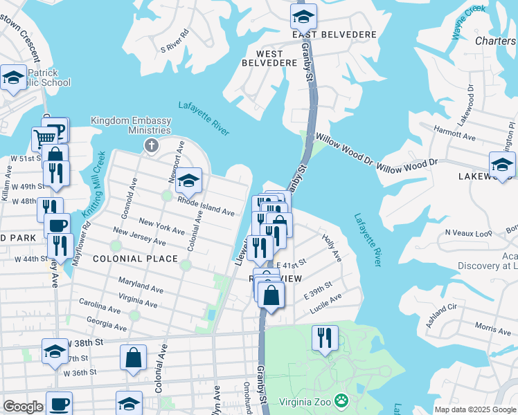 map of restaurants, bars, coffee shops, grocery stores, and more near 4253 Llewellyn Avenue in Norfolk