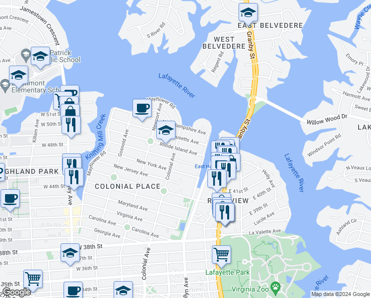 map of restaurants, bars, coffee shops, grocery stores, and more near 436 Rhode Island Avenue in Norfolk