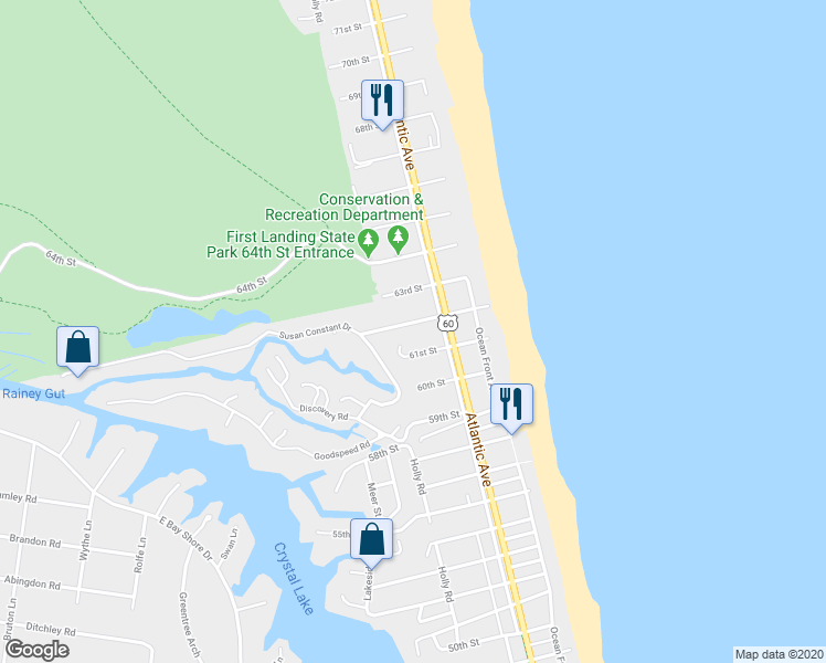map of restaurants, bars, coffee shops, grocery stores, and more near 210 62nd Street in Virginia Beach