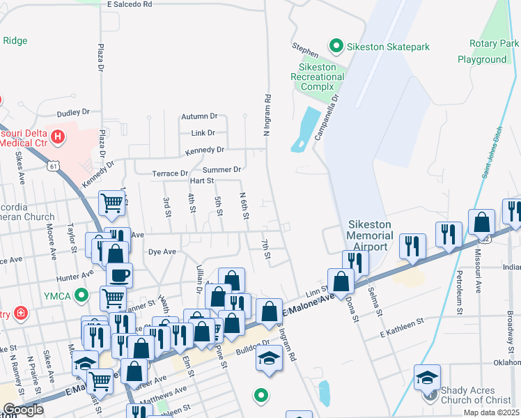 map of restaurants, bars, coffee shops, grocery stores, and more near 415 North Ingram Road in Sikeston