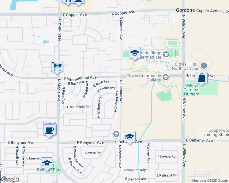 map of restaurants, bars, coffee shops, grocery stores, and more near 10362 North Dearing Avenue in Fresno