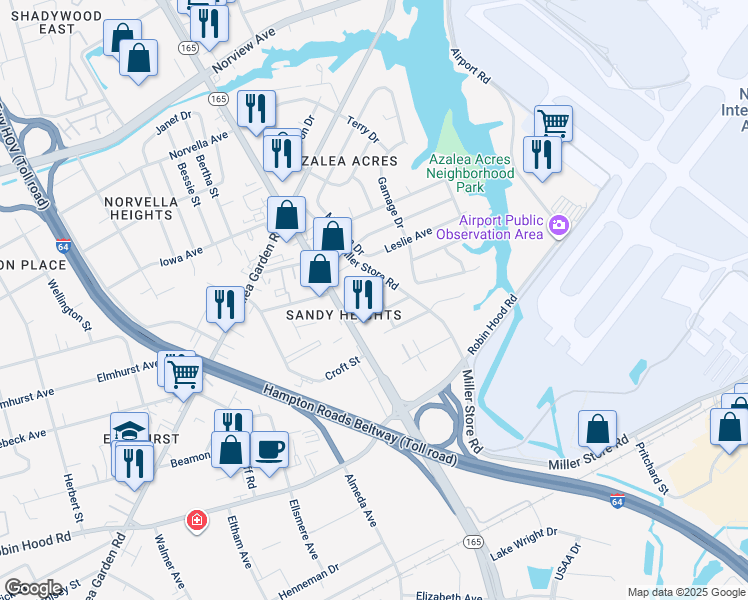 map of restaurants, bars, coffee shops, grocery stores, and more near 3326 North Military Highway in Norfolk