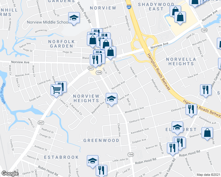 map of restaurants, bars, coffee shops, grocery stores, and more near 3512 Sewells Point Road in Norfolk