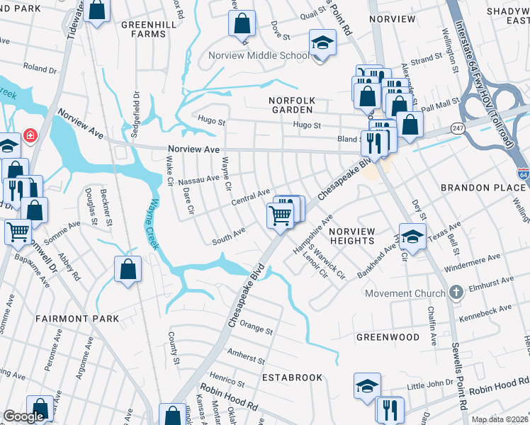map of restaurants, bars, coffee shops, grocery stores, and more near 3721 Lenoir Circle in Norfolk