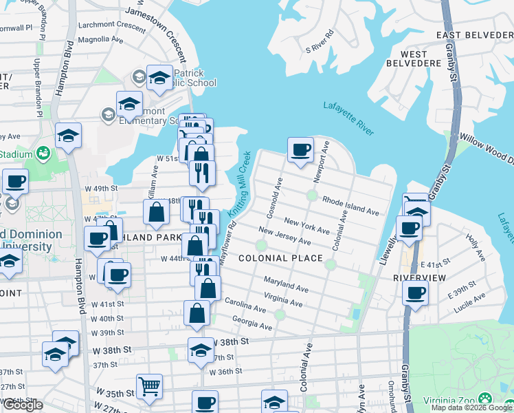 map of restaurants, bars, coffee shops, grocery stores, and more near 715 New York Avenue in Norfolk