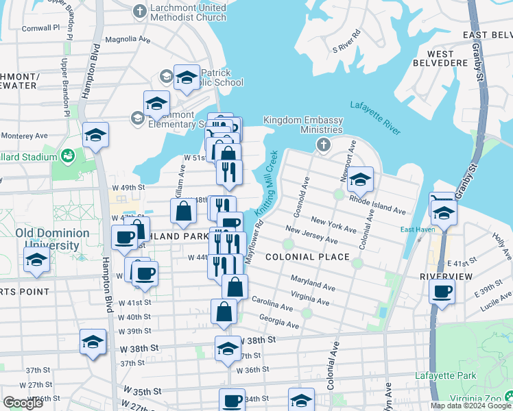 map of restaurants, bars, coffee shops, grocery stores, and more near 761 West 48th Street in Norfolk