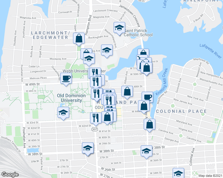 map of restaurants, bars, coffee shops, grocery stores, and more near 1045 West 47th Street in Norfolk