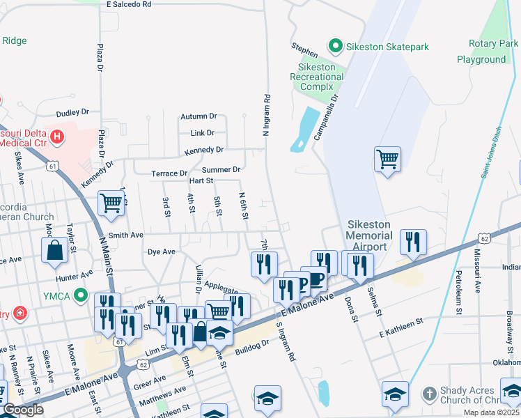 map of restaurants, bars, coffee shops, grocery stores, and more near 415 North Ingram Road in Sikeston