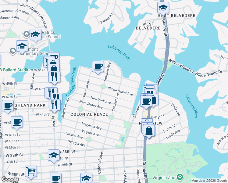 map of restaurants, bars, coffee shops, grocery stores, and more near 522 Connecticut Avenue in Norfolk