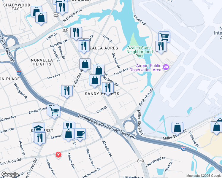 map of restaurants, bars, coffee shops, grocery stores, and more near 3326 North Military Highway in Norfolk