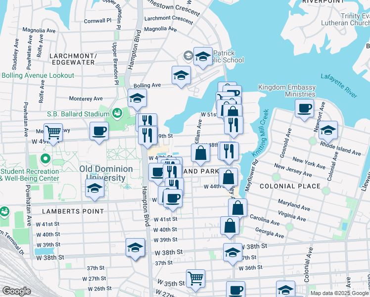 map of restaurants, bars, coffee shops, grocery stores, and more near 1017 West 48th Street in Norfolk