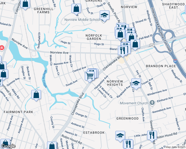 map of restaurants, bars, coffee shops, grocery stores, and more near 3710 Abingdon Circle in Norfolk