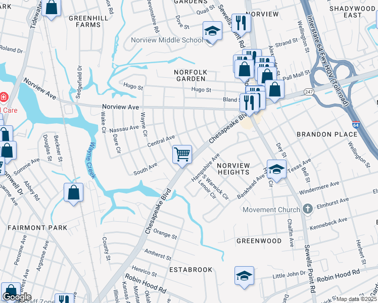 map of restaurants, bars, coffee shops, grocery stores, and more near 3710 Abingdon Circle in Norfolk