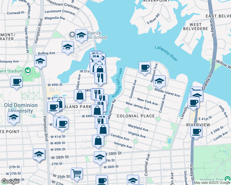 map of restaurants, bars, coffee shops, grocery stores, and more near 761 West 48th Street in Norfolk
