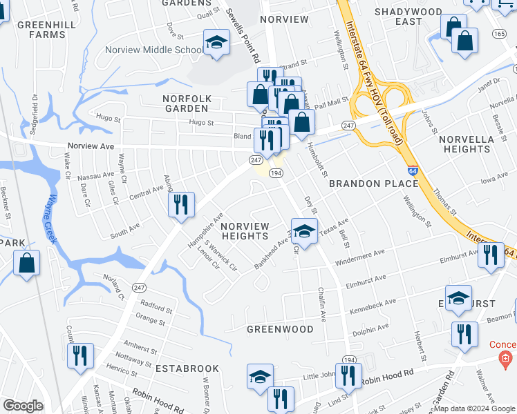 map of restaurants, bars, coffee shops, grocery stores, and more near 3633 Sharpley Avenue in Norfolk