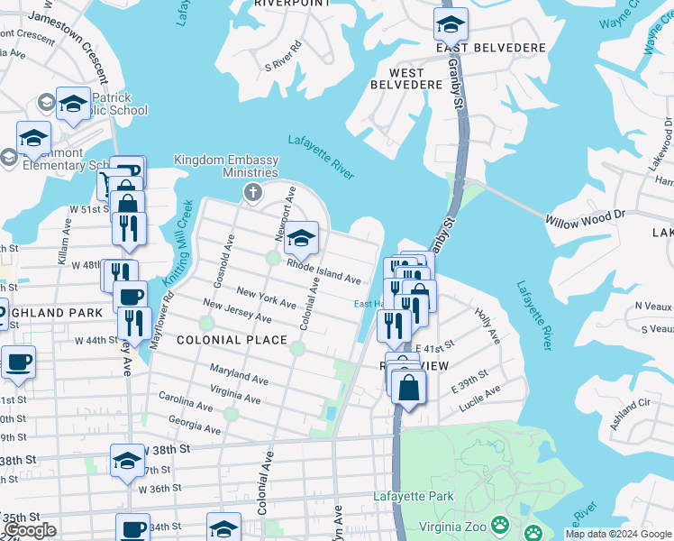 map of restaurants, bars, coffee shops, grocery stores, and more near 436 Rhode Island Avenue in Norfolk