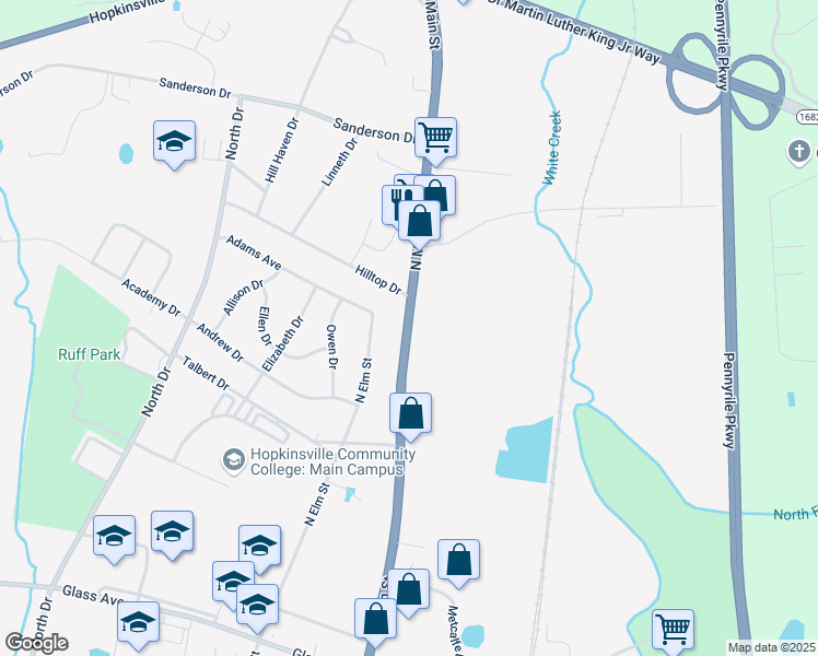 map of restaurants, bars, coffee shops, grocery stores, and more near 1026-1098 North Main Street in Hopkinsville