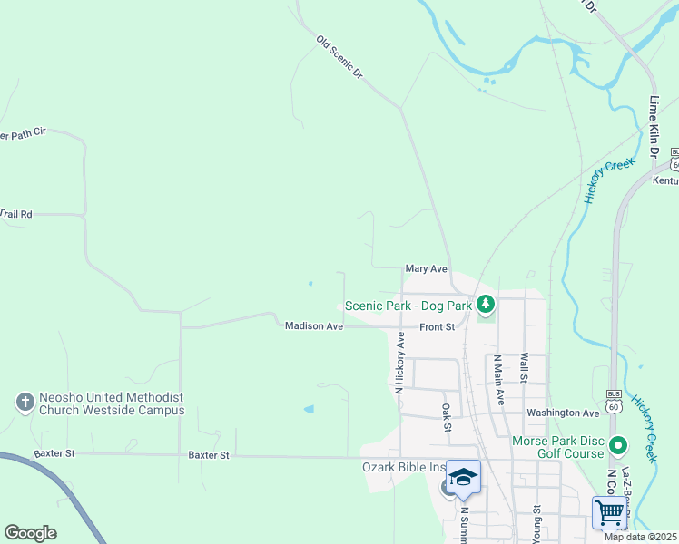map of restaurants, bars, coffee shops, grocery stores, and more near 520 East Park Street in Neosho