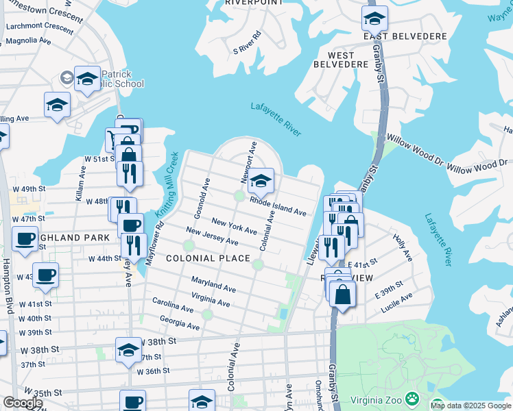 map of restaurants, bars, coffee shops, grocery stores, and more near 522 Connecticut Avenue in Norfolk