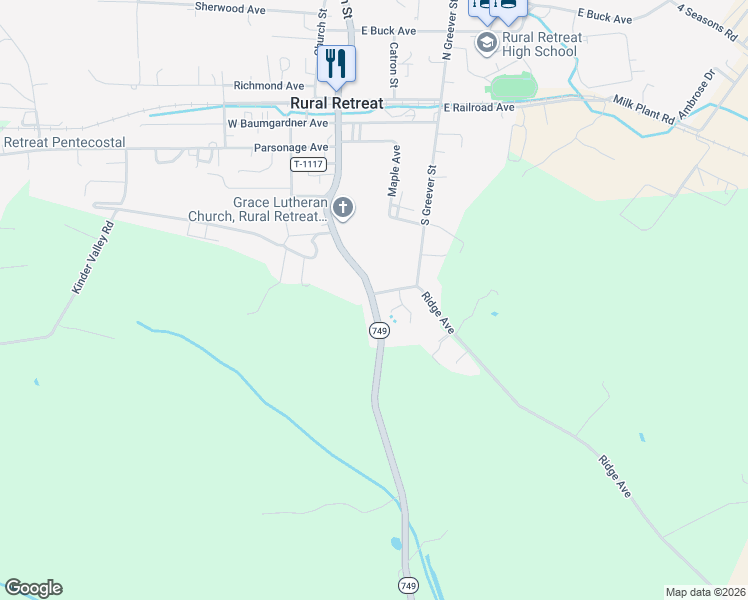 map of restaurants, bars, coffee shops, grocery stores, and more near Cedar Springs Road in Rural Retreat