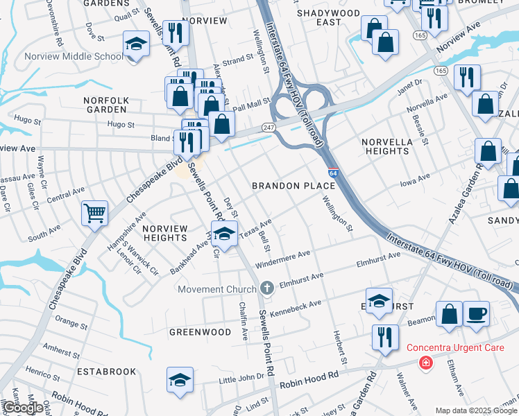 map of restaurants, bars, coffee shops, grocery stores, and more near 3521 Humboldt Street in Norfolk