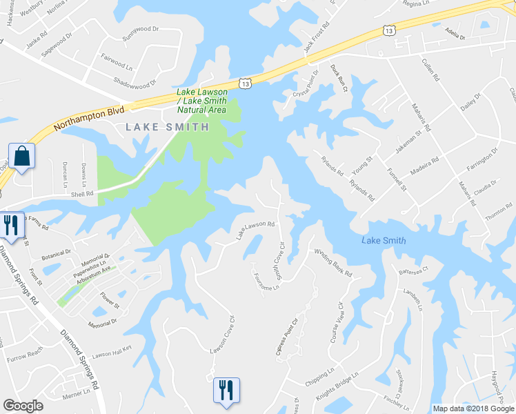 map of restaurants, bars, coffee shops, grocery stores, and more near 5313 North Point Court in Virginia Beach