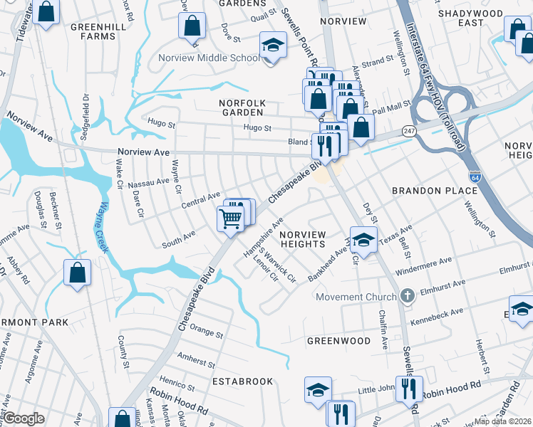 map of restaurants, bars, coffee shops, grocery stores, and more near 3644 Pamlico Circle in Norfolk