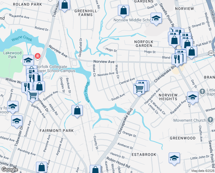 map of restaurants, bars, coffee shops, grocery stores, and more near 3779 Dare Circle in Norfolk