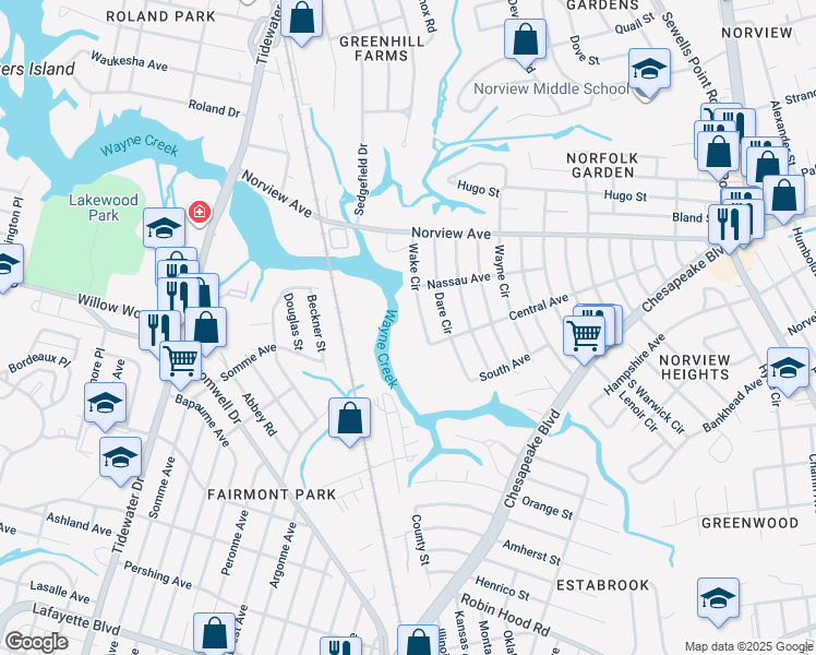 map of restaurants, bars, coffee shops, grocery stores, and more near 3805 Wake Circle in Norfolk