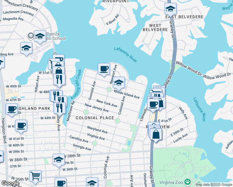 map of restaurants, bars, coffee shops, grocery stores, and more near 522 Connecticut Avenue in Norfolk