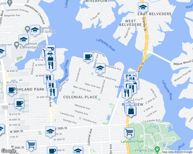 map of restaurants, bars, coffee shops, grocery stores, and more near 522 Connecticut Avenue in Norfolk