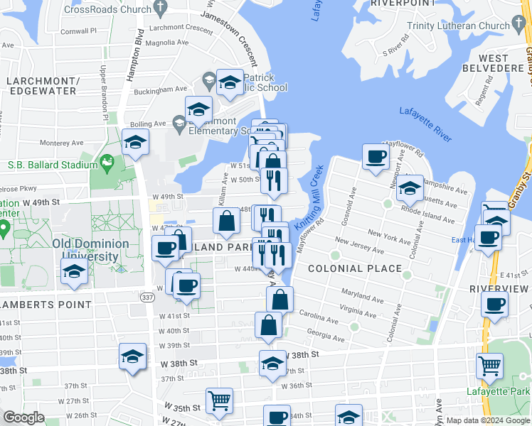 map of restaurants, bars, coffee shops, grocery stores, and more near 818 West 47th Street in Norfolk