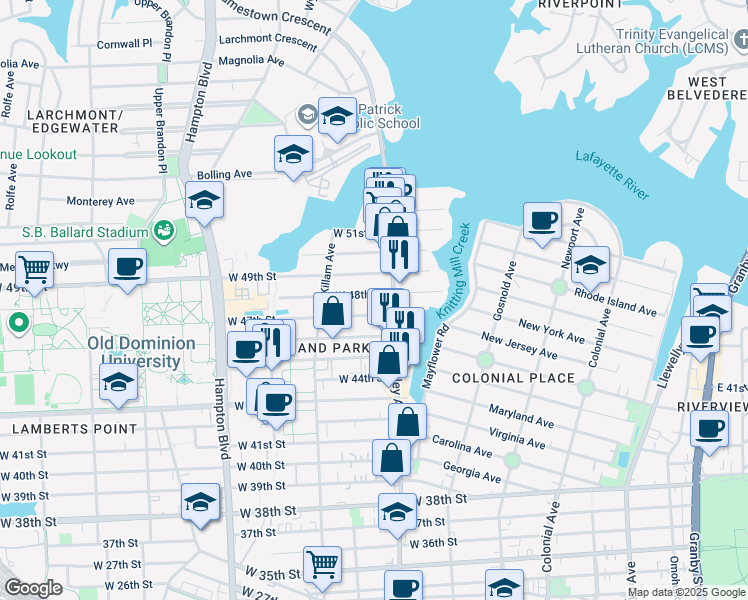 map of restaurants, bars, coffee shops, grocery stores, and more near 818 West 47th Street in Norfolk