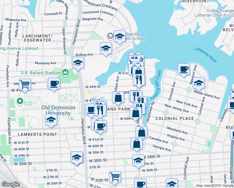 map of restaurants, bars, coffee shops, grocery stores, and more near in Norfolk