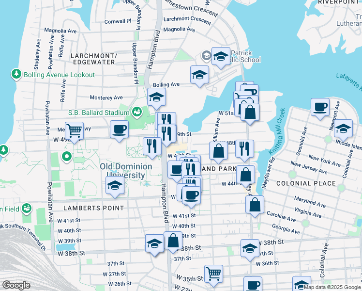 map of restaurants, bars, coffee shops, grocery stores, and more near 1045 West 47th Street in Norfolk