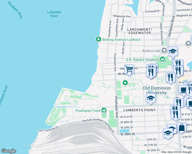 map of restaurants, bars, coffee shops, grocery stores, and more near 1715 West 48th Street in Norfolk