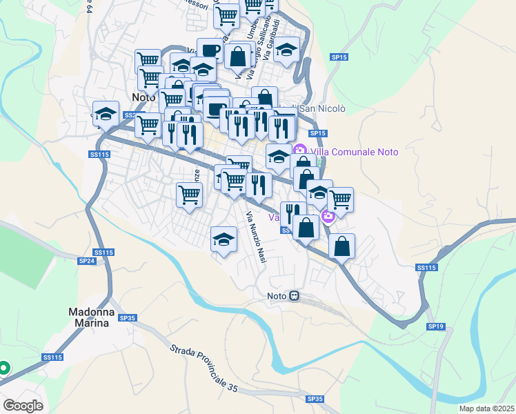 map of restaurants, bars, coffee shops, grocery stores, and more near Via Angelo Cavarra in Noto