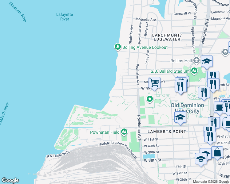 map of restaurants, bars, coffee shops, grocery stores, and more near 1715 West 48th Street in Norfolk